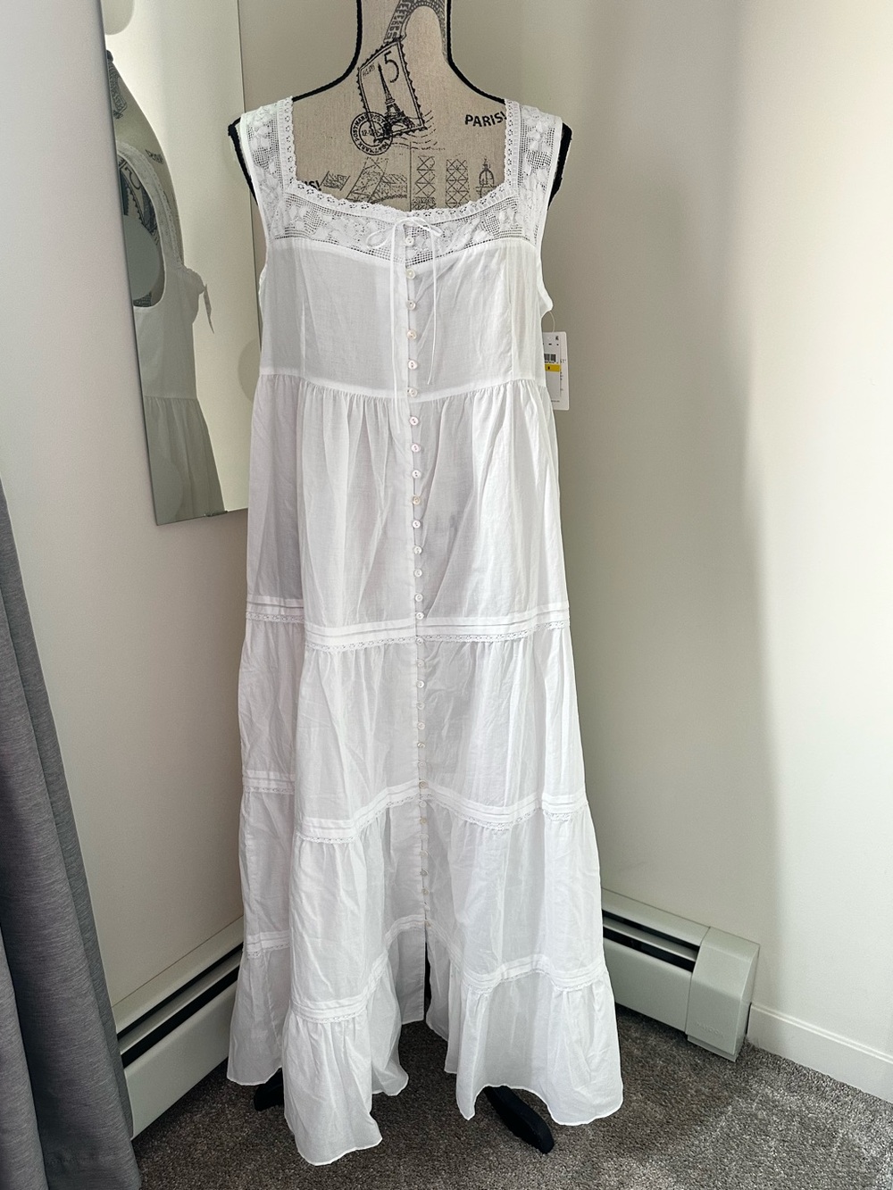 Eileen West Med. White Cotton Tiered Maxi Dress cottagecore